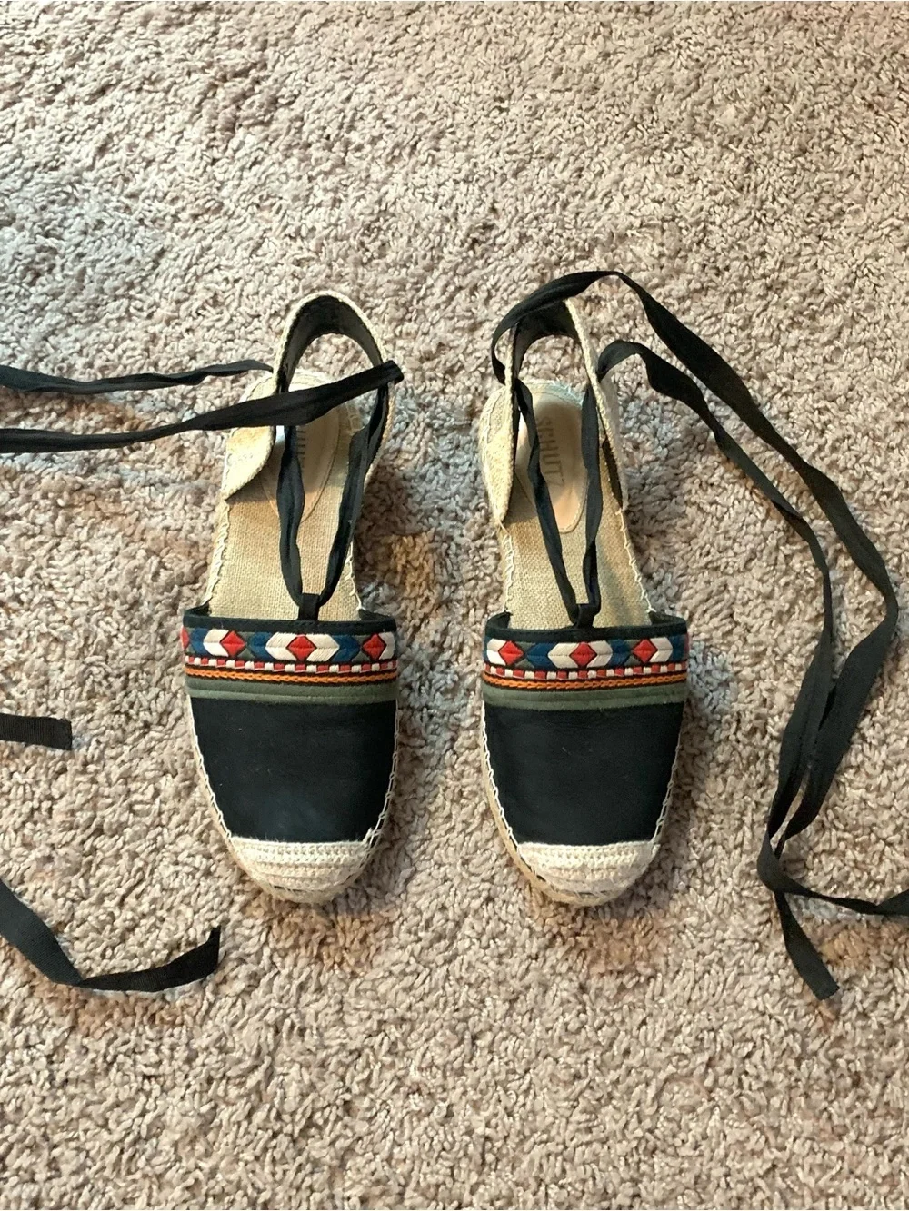 SCHUTZ Embroidered Lace Up Espadrilles Sandals Red Black